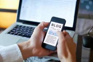 reading blog on phone